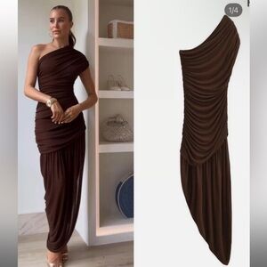 ZARA WOMEN DRAPED ASYMMETRIC BROWN DRESS L | 7947/283
